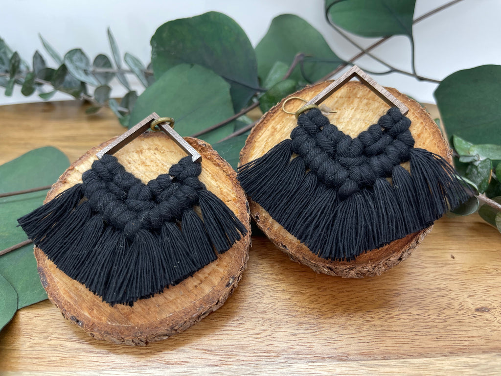 Wooden Macrame Earrings in Black