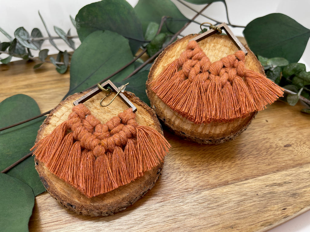 Wooden Square Macrame Earrings in Terracotta