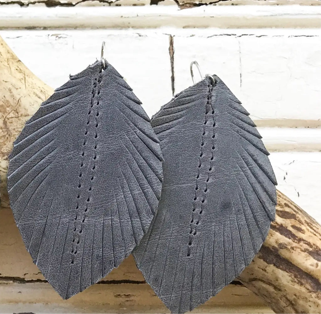Distressed Slate Leather Feather Earring