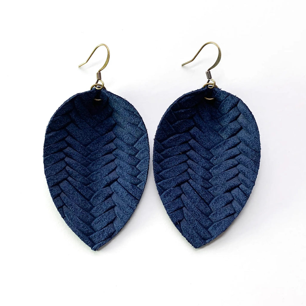 Navy Braided Pinched Leather Earrings