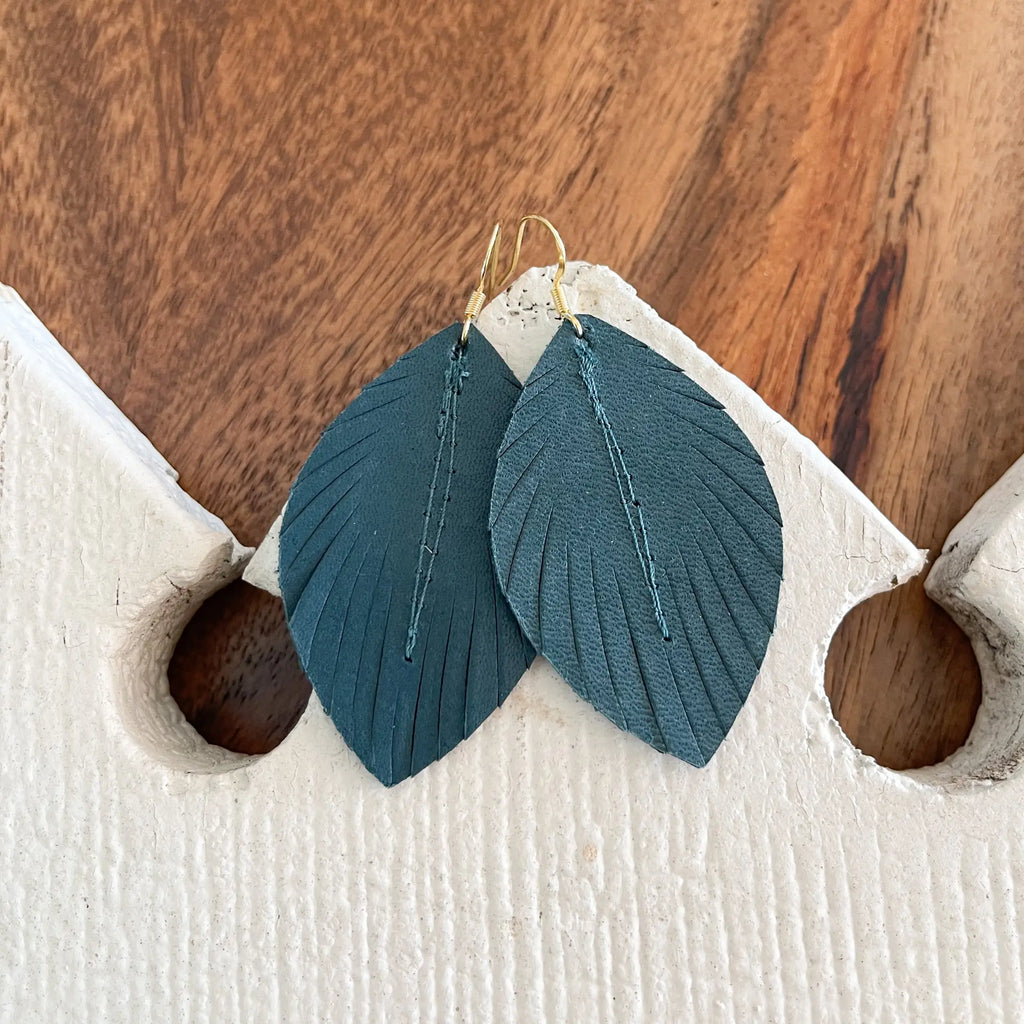 Dark Teal Leather Feather Earrings